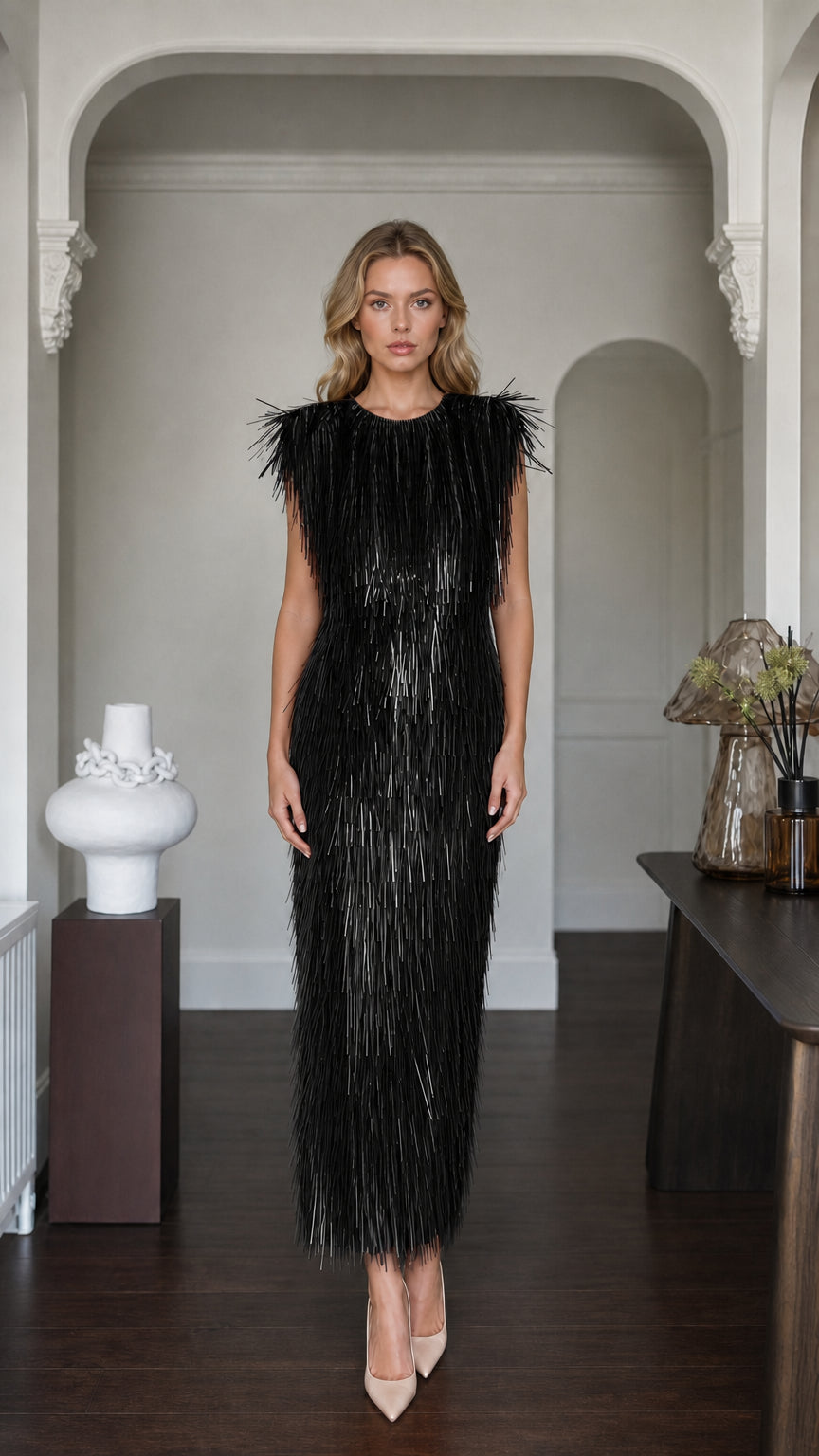 Front view of black fringe maxi dress