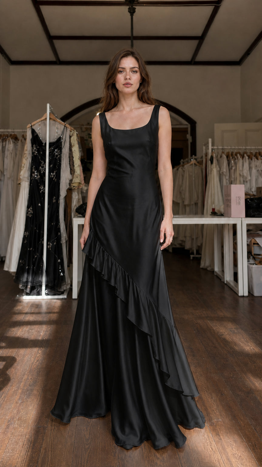 Model wearing Black satin maxi dress