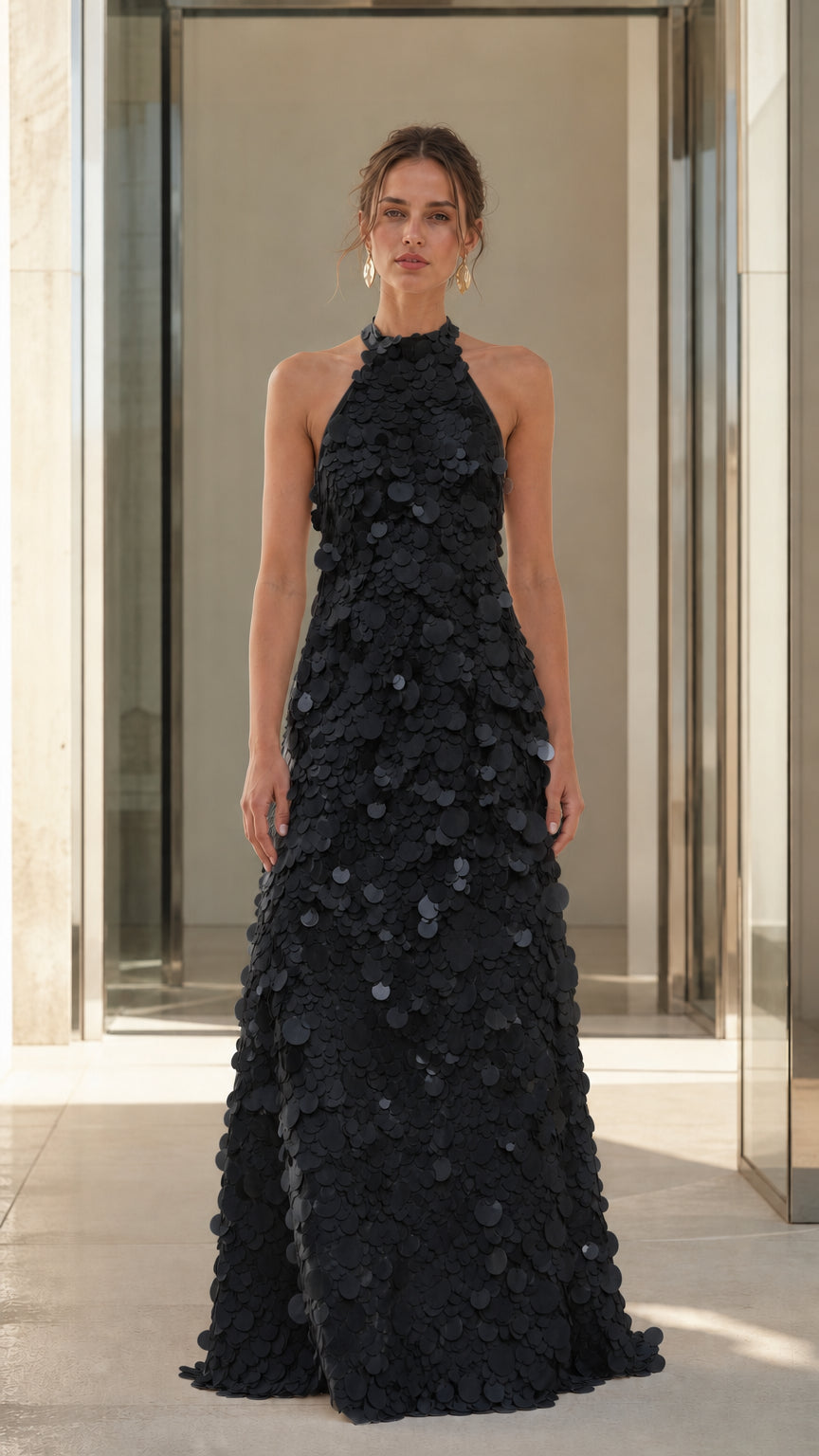 Full view of Black 3D floral applique halter maxi dress