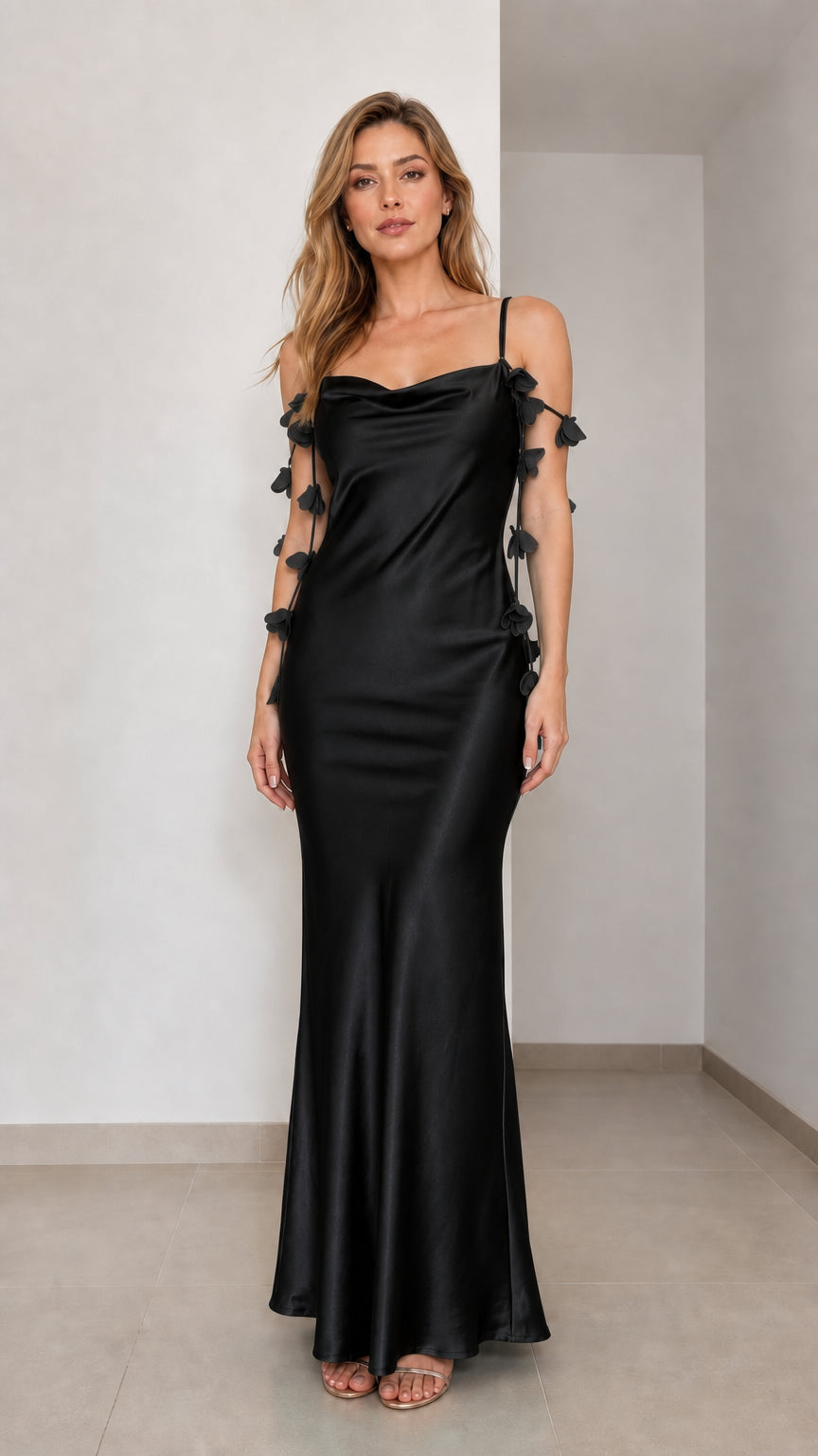 Front view of black satin maxi dress