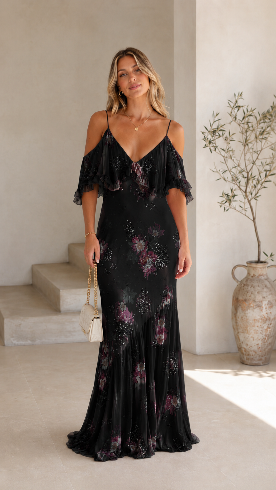 Black floral ruffle cold shoulder maxi dress front view