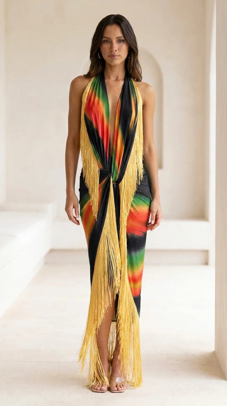 Model wearing black multi-color gradient fringe maxi dress