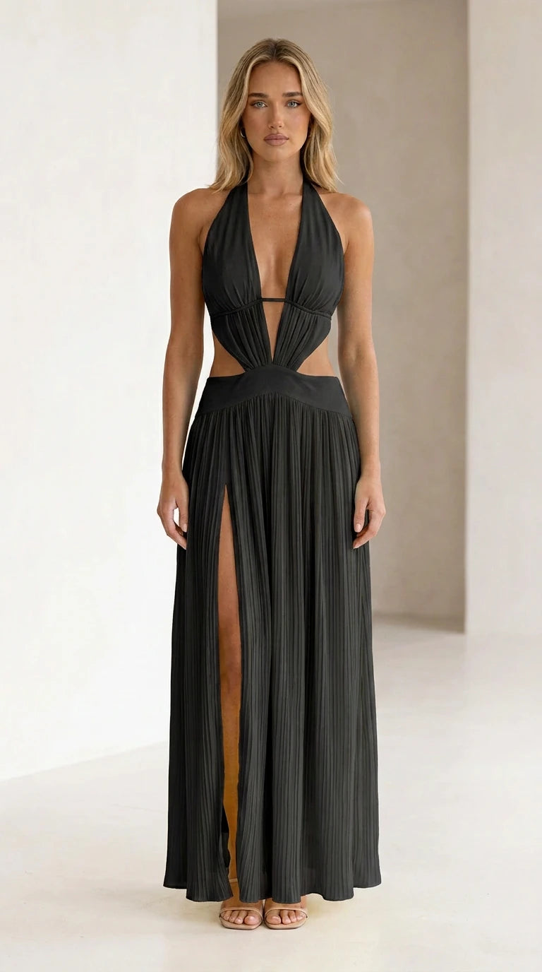 Black color variant of halter neck cutout pleated maxi dress