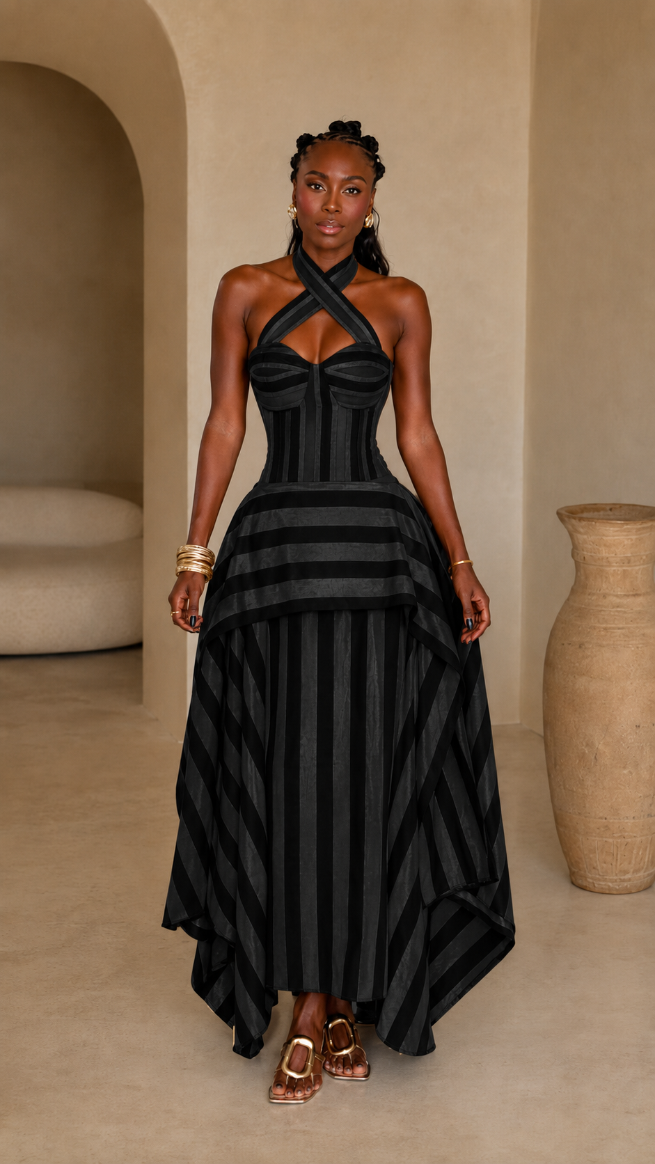 Front view of black striped cross halter corset maxi dress