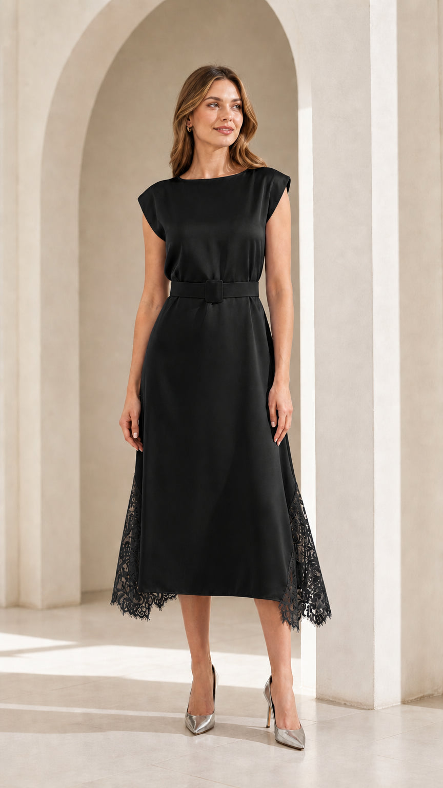 Model wearing black satin midi dress with matching belt