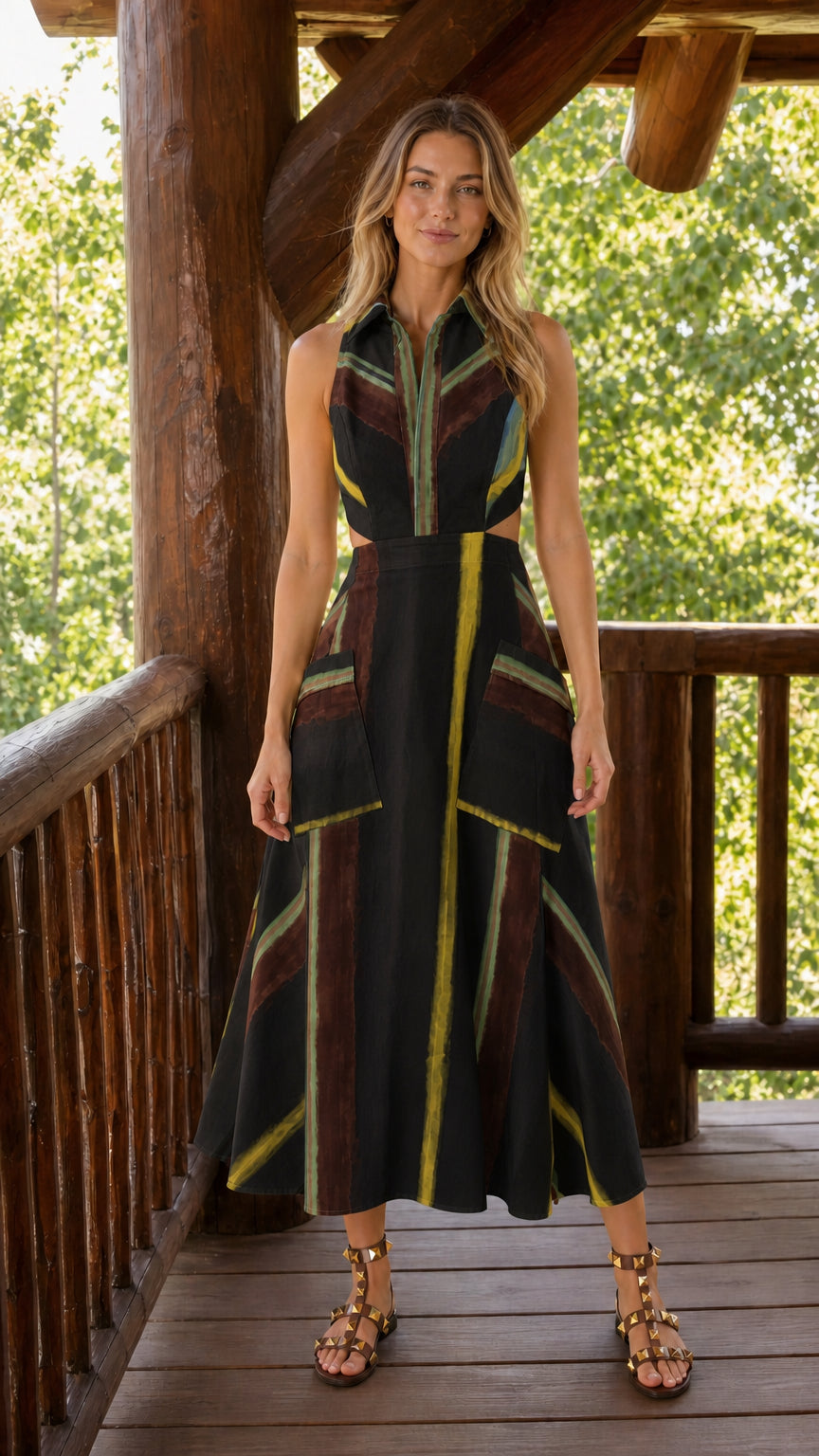 Front view of black color variant of striped midi dress