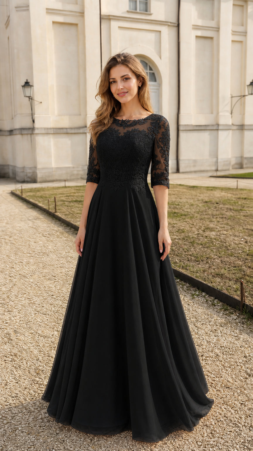 Front full view of black lace evening dress