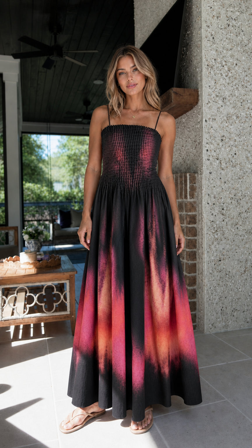Model wearing black gradient tie-dye maxi dress