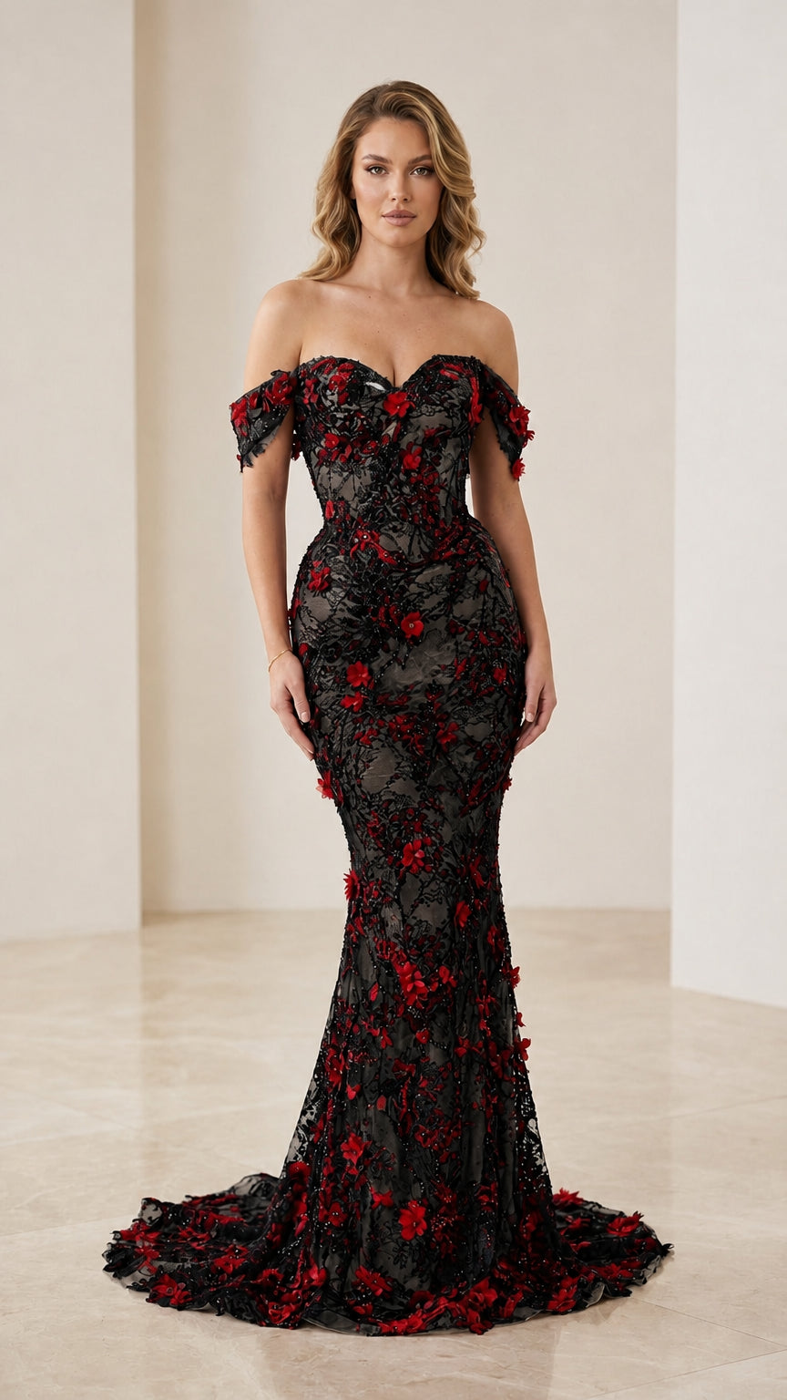 Black color variant of off-the-shoulder mermaid evening gown