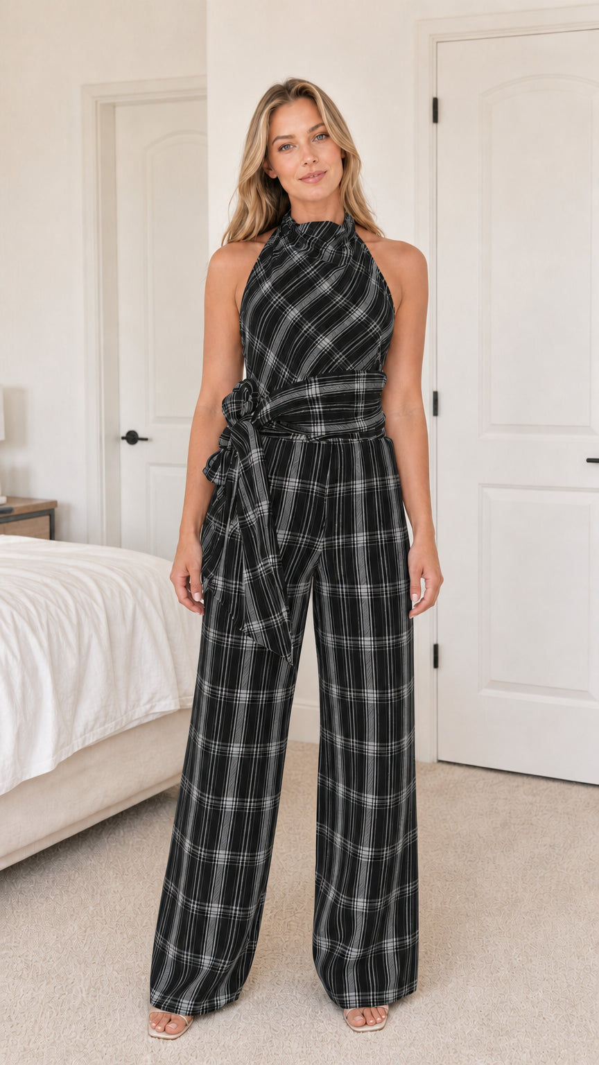 Front view of model in black plaid jumpsuit variant