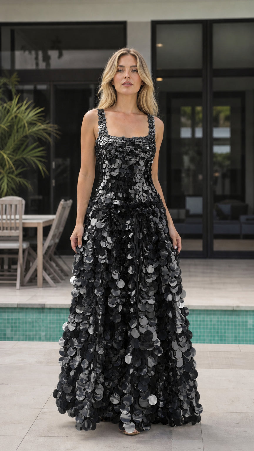 Front view of a black all-over sequin A-line maxi dress