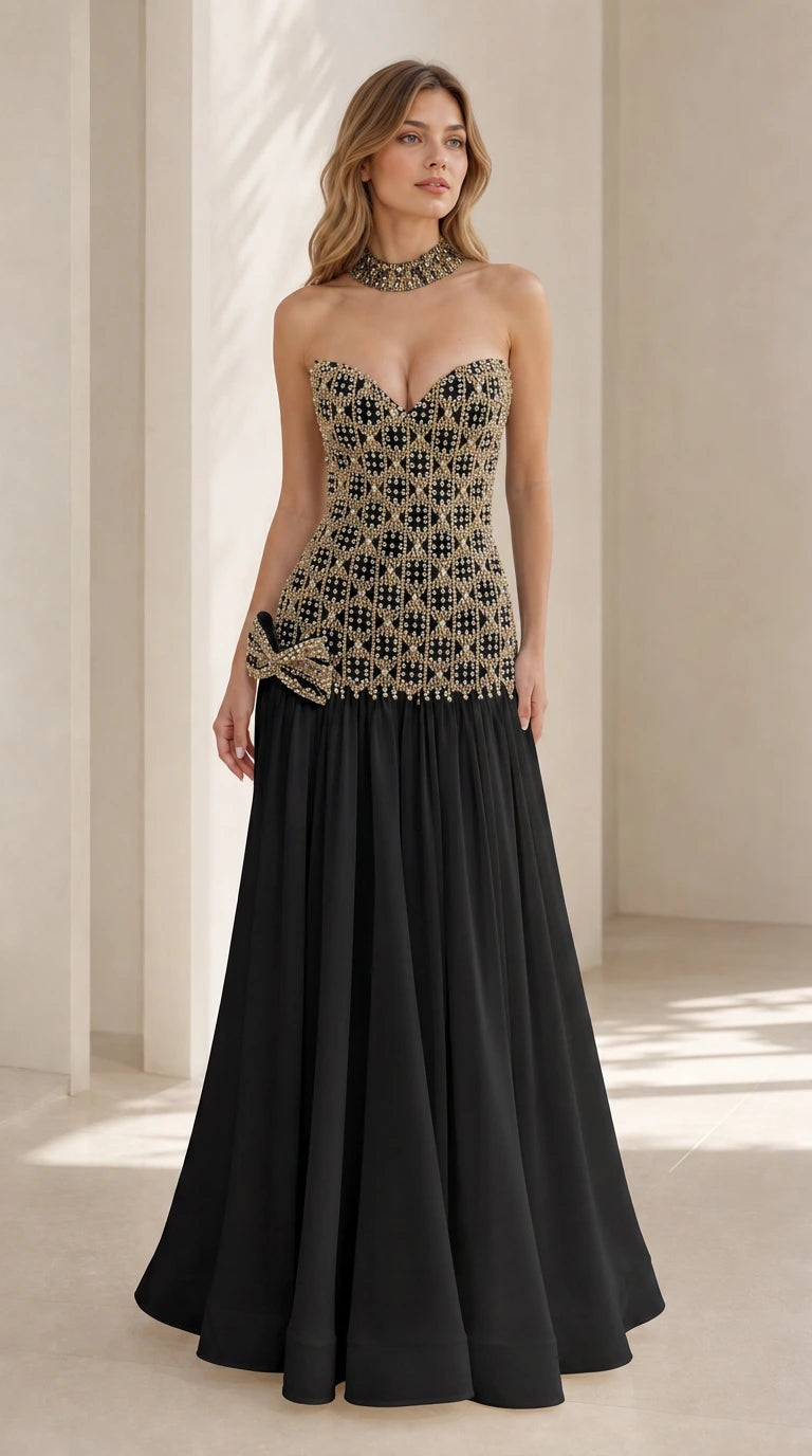 Black variant of the beaded bustier evening dress