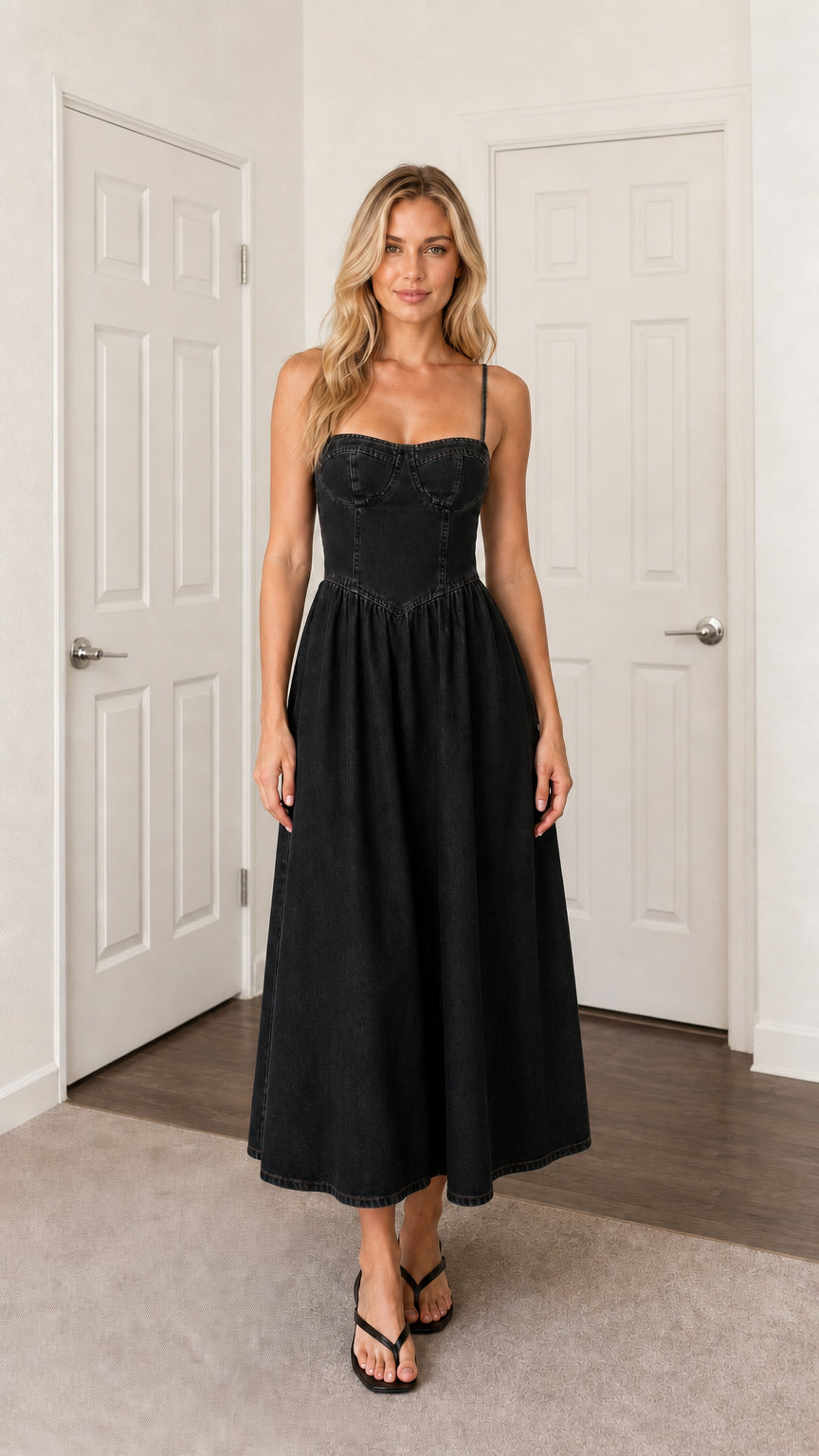 Front view of woman wearing black denim midi dress