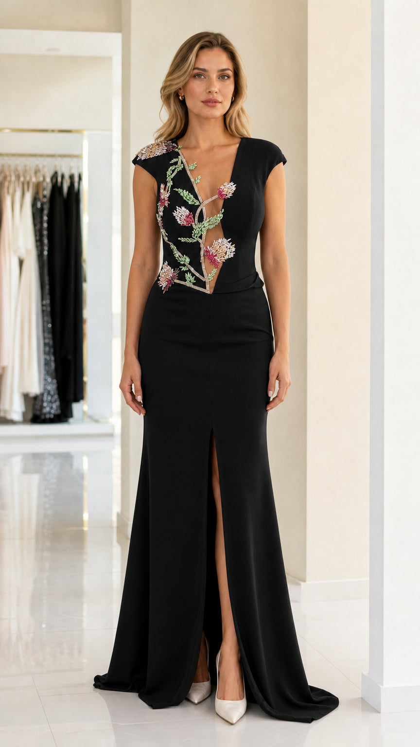 Front view of black evening dress with beaded floral applique