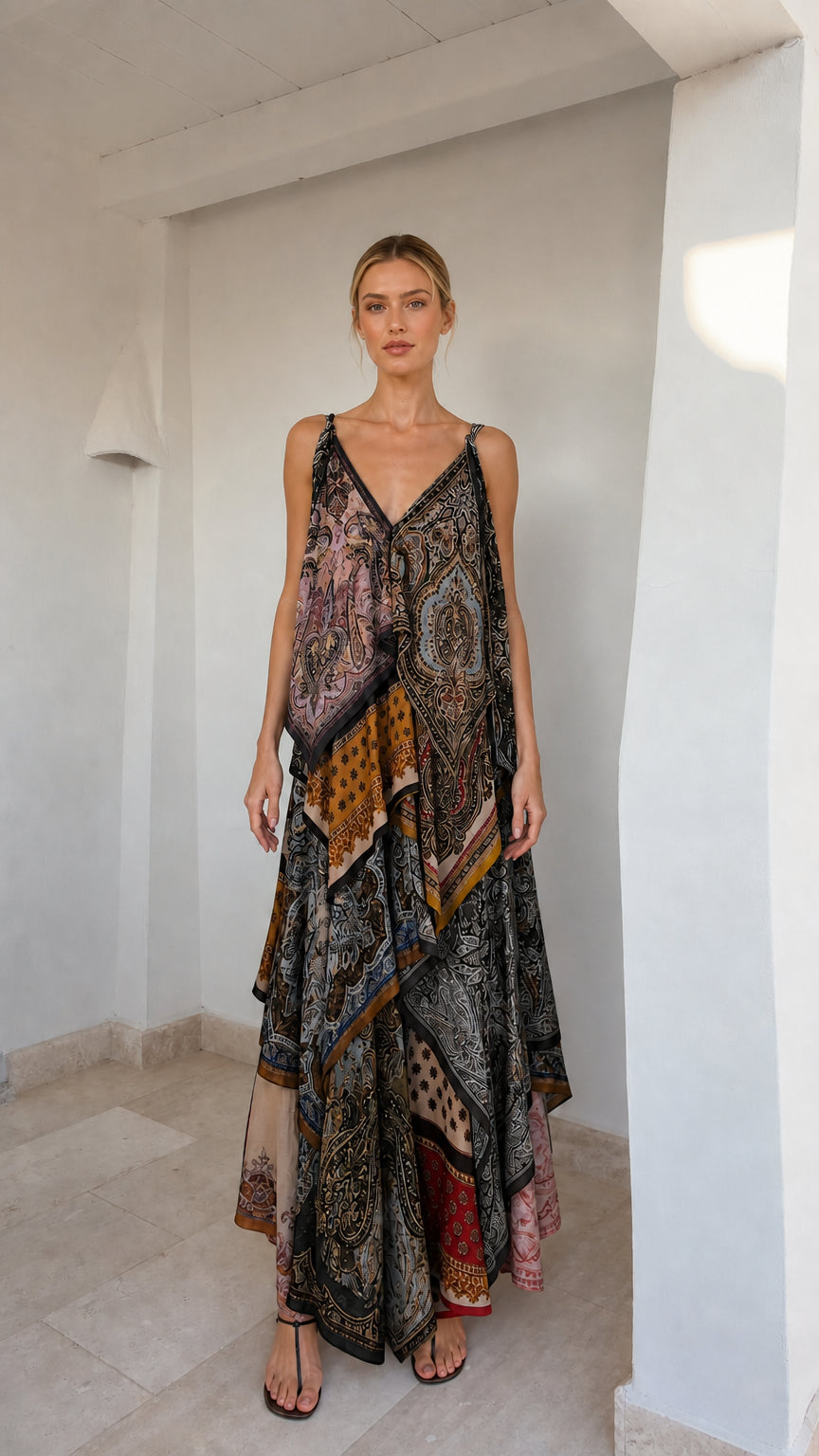 Full-length front view of patchwork maxi dress in natural lighting