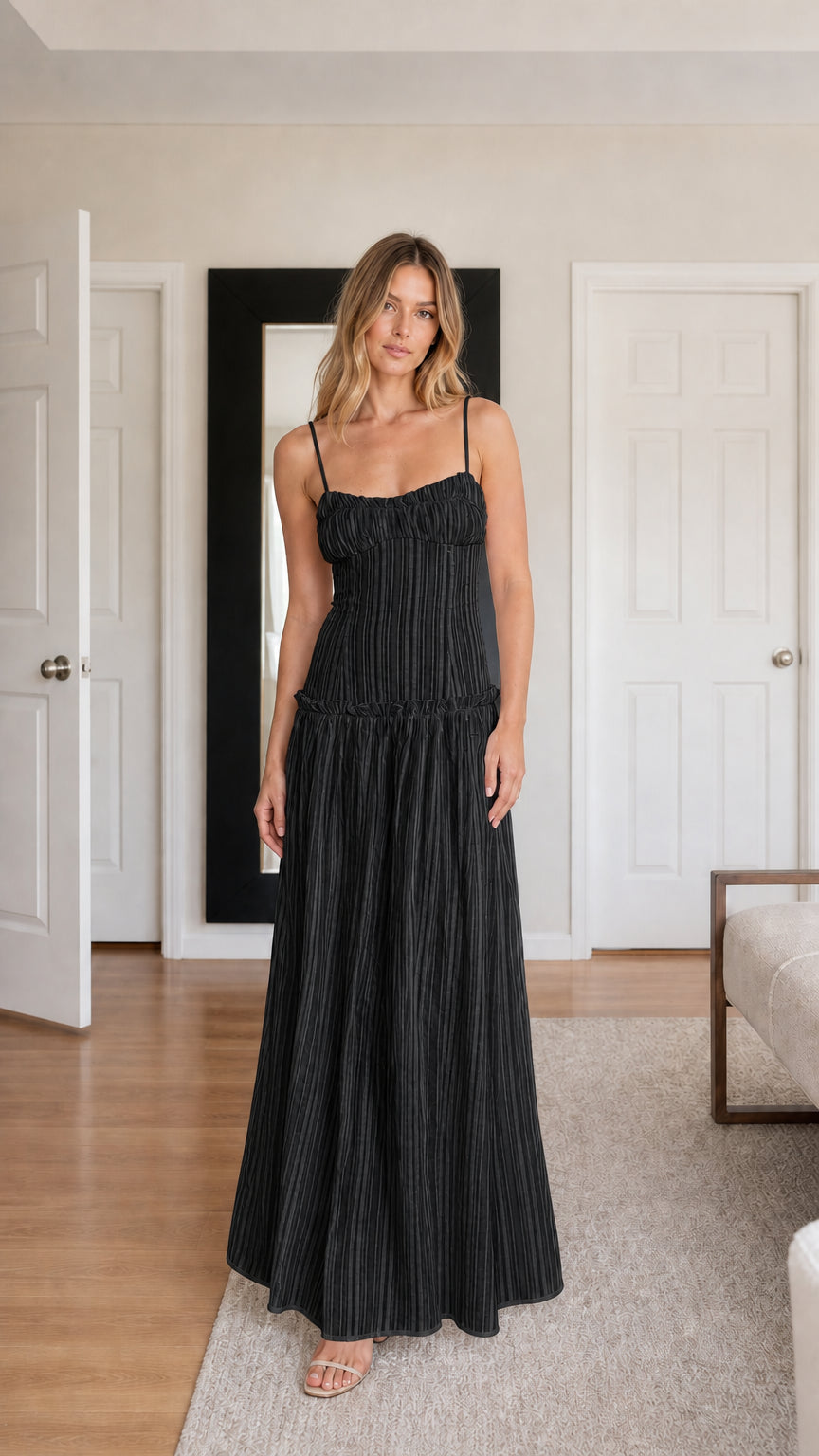 Front view of model wearing Black pleated cami maxi dress