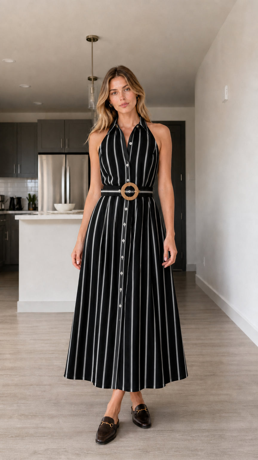 Full front view of black and white striped halter midi dress