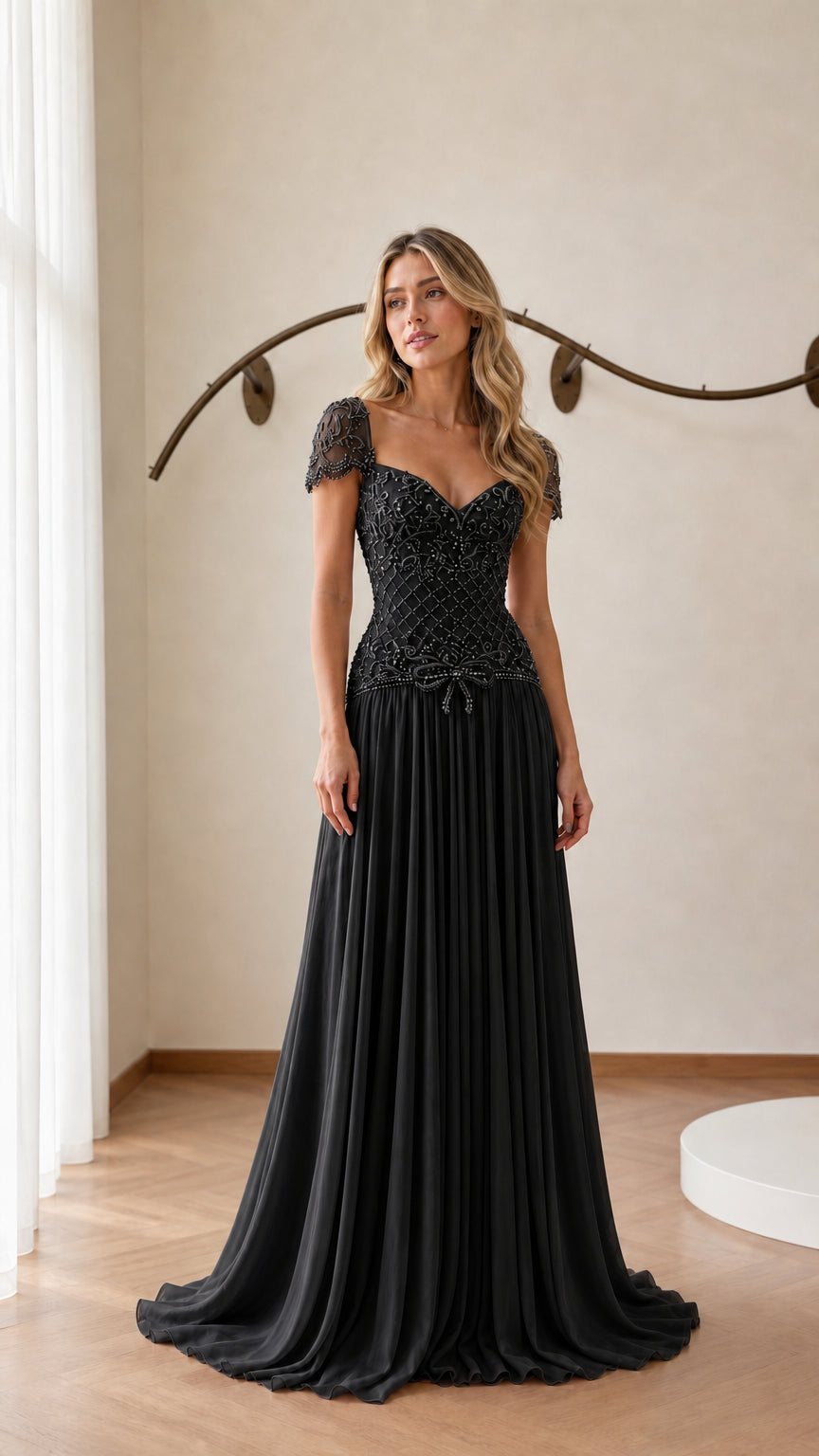 Front view of model wearing black evening gown