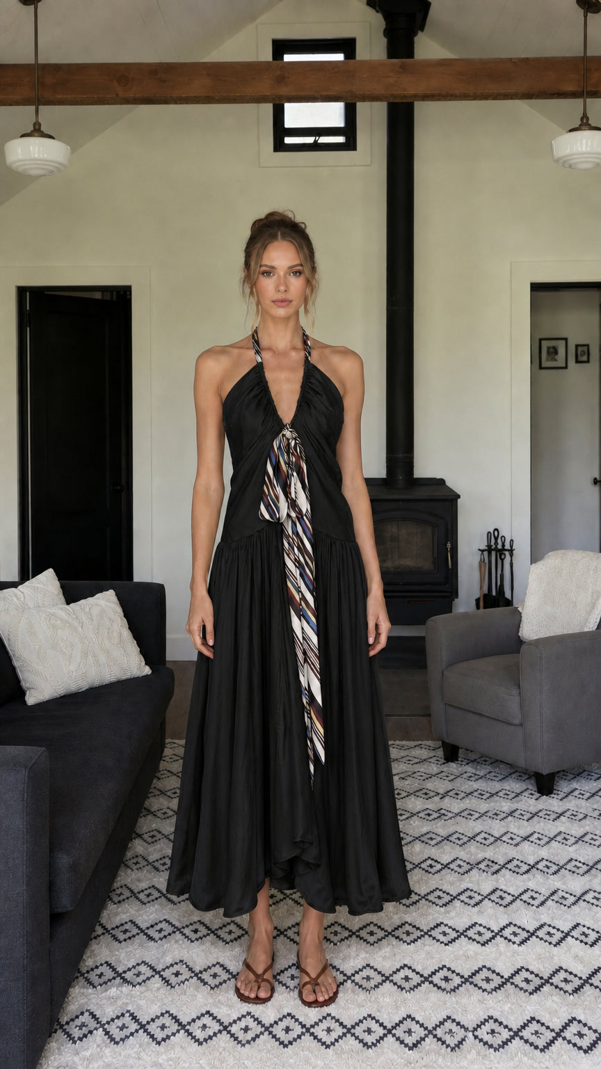 Front view of woman wearing black halter neck long dress