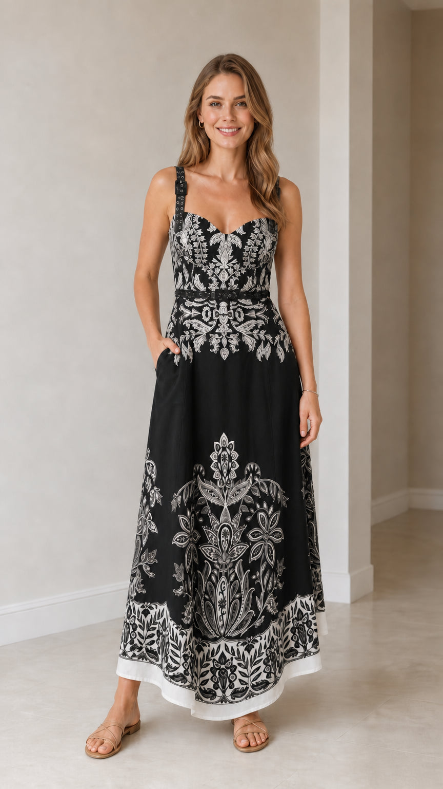Model wearing black botanical print maxi dress