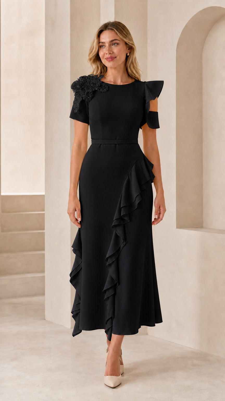 Front view of model wearing black beaded ruffle midi dress
