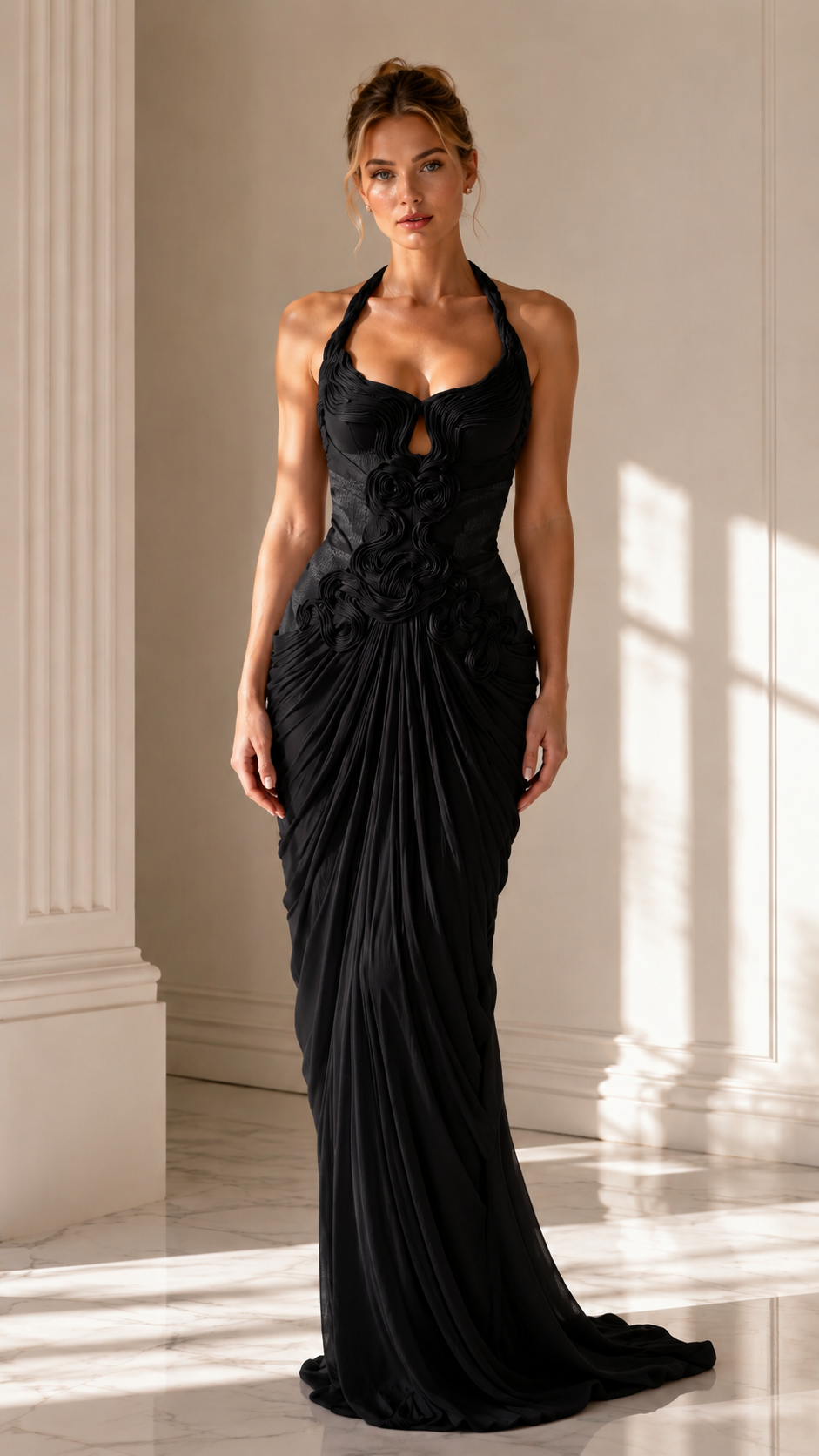 Front view of black halter neck ruched mermaid evening gown