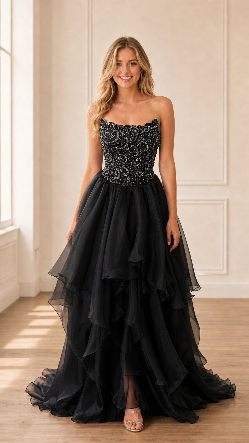 Model wearing black strapless beaded tiered gown