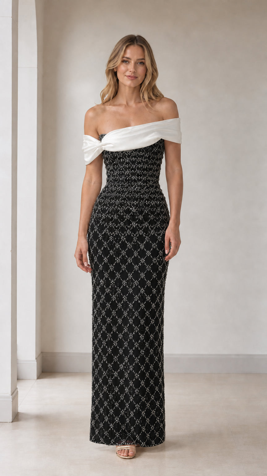 Front view of black off-shoulder beaded evening gown