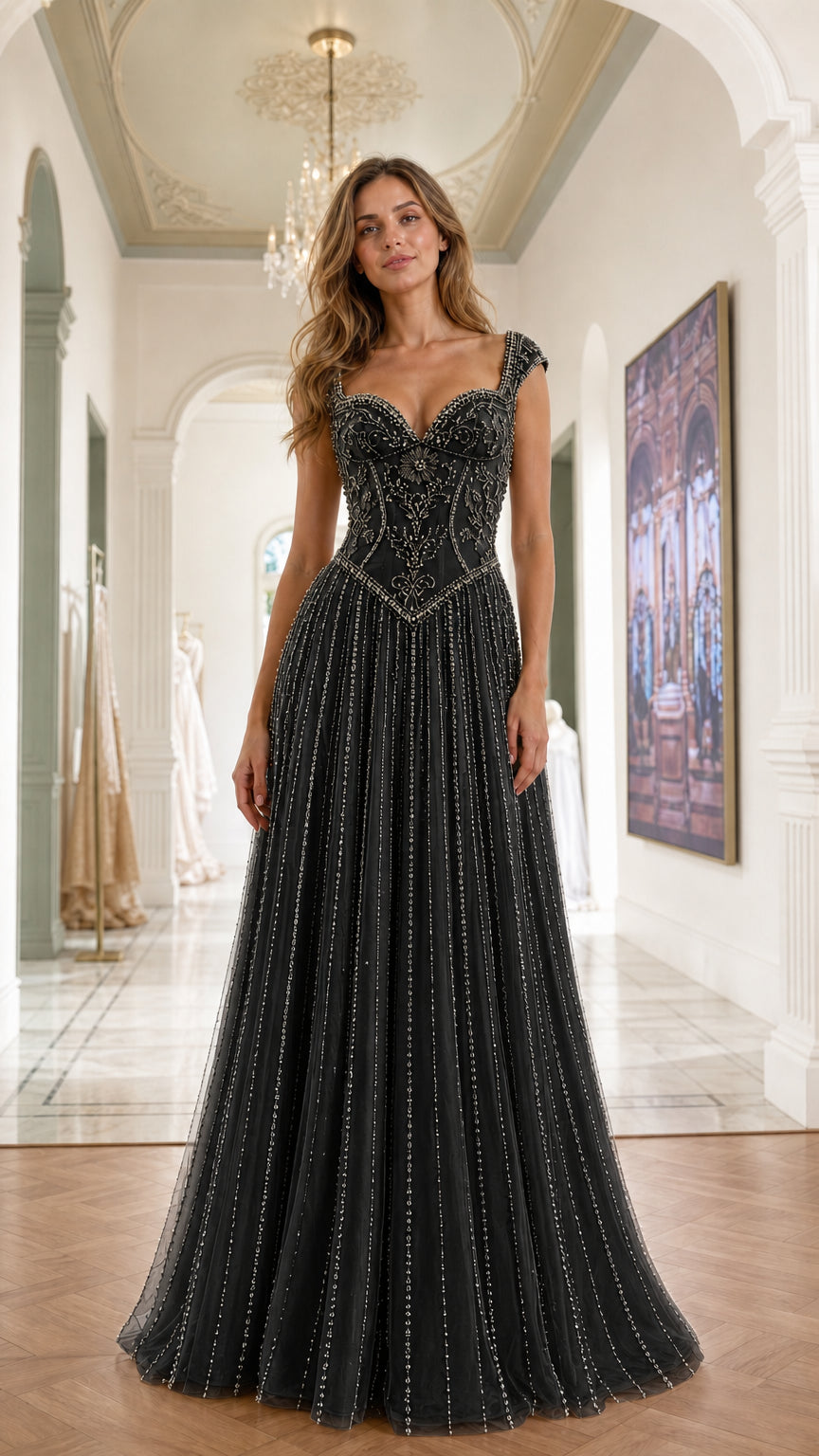 Front view of black evening gown variant