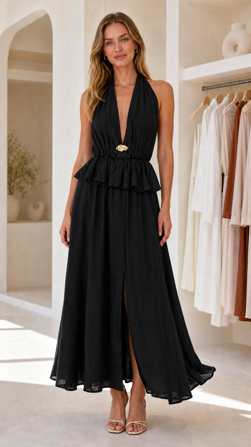 Front view of black halter neck peplum maxi dress