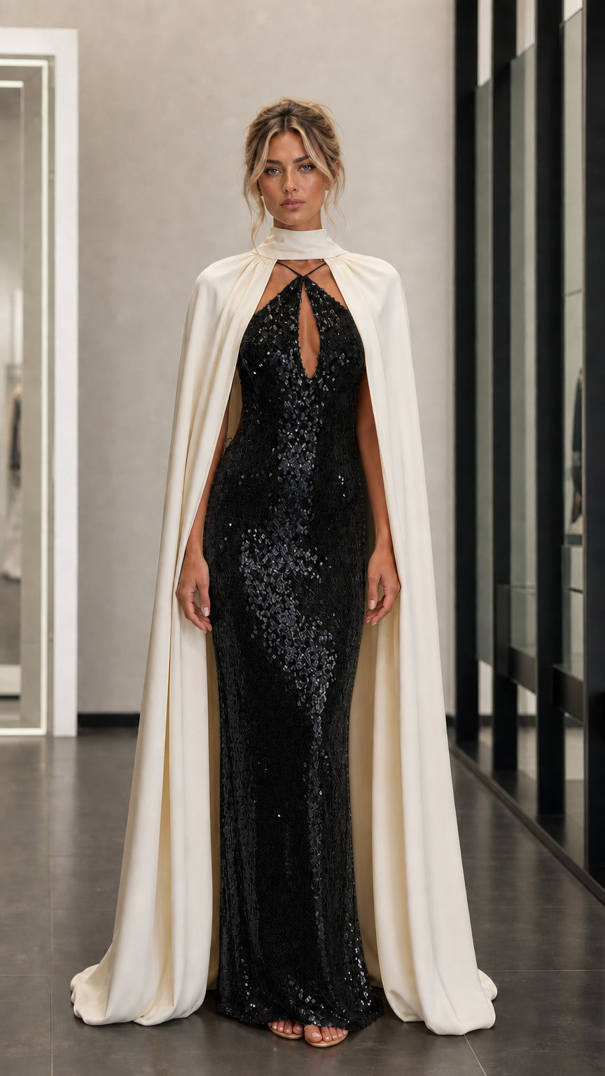 Front view of black sequin evening dress with cape