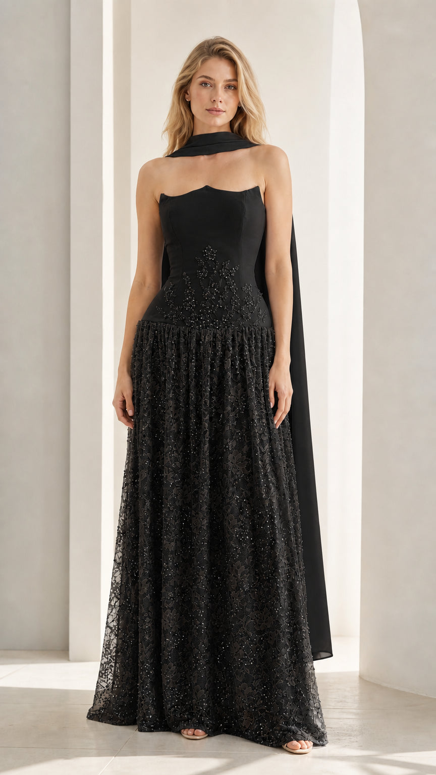 Front view of black evening gown variant