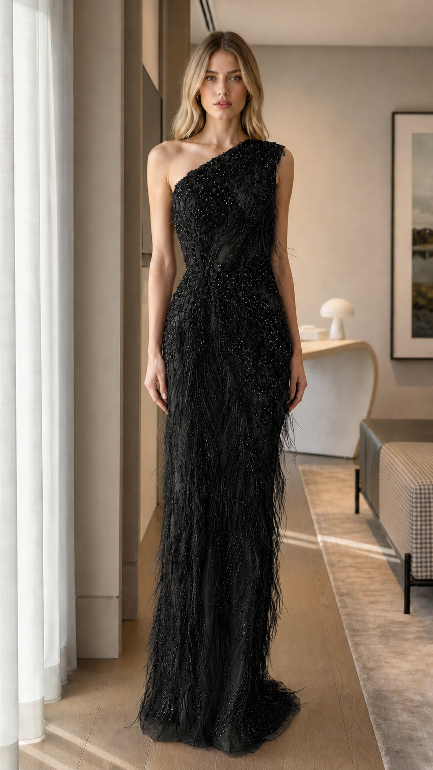 Black One-Shoulder Beaded Formal Evening Dress Front View