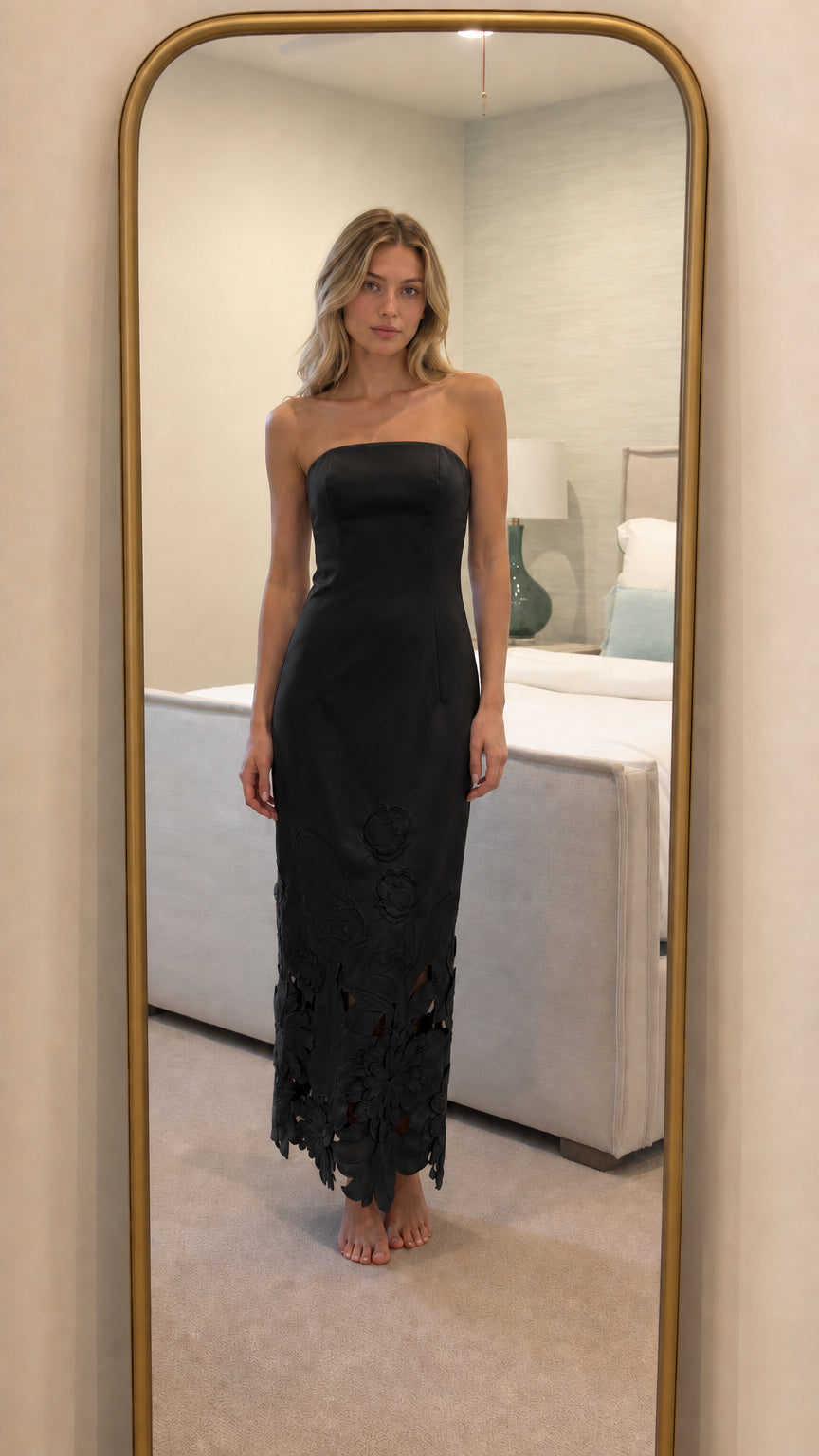 Black strapless floral laser-cut maxi dress