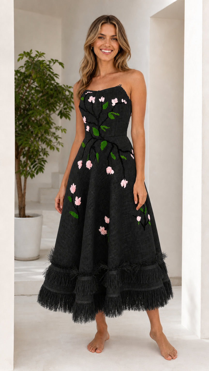 Front view of black floral embroidered strapless midi dress