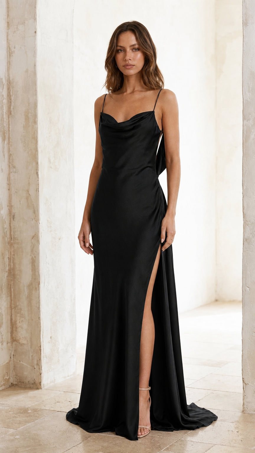 Front view of black satin maxi dress