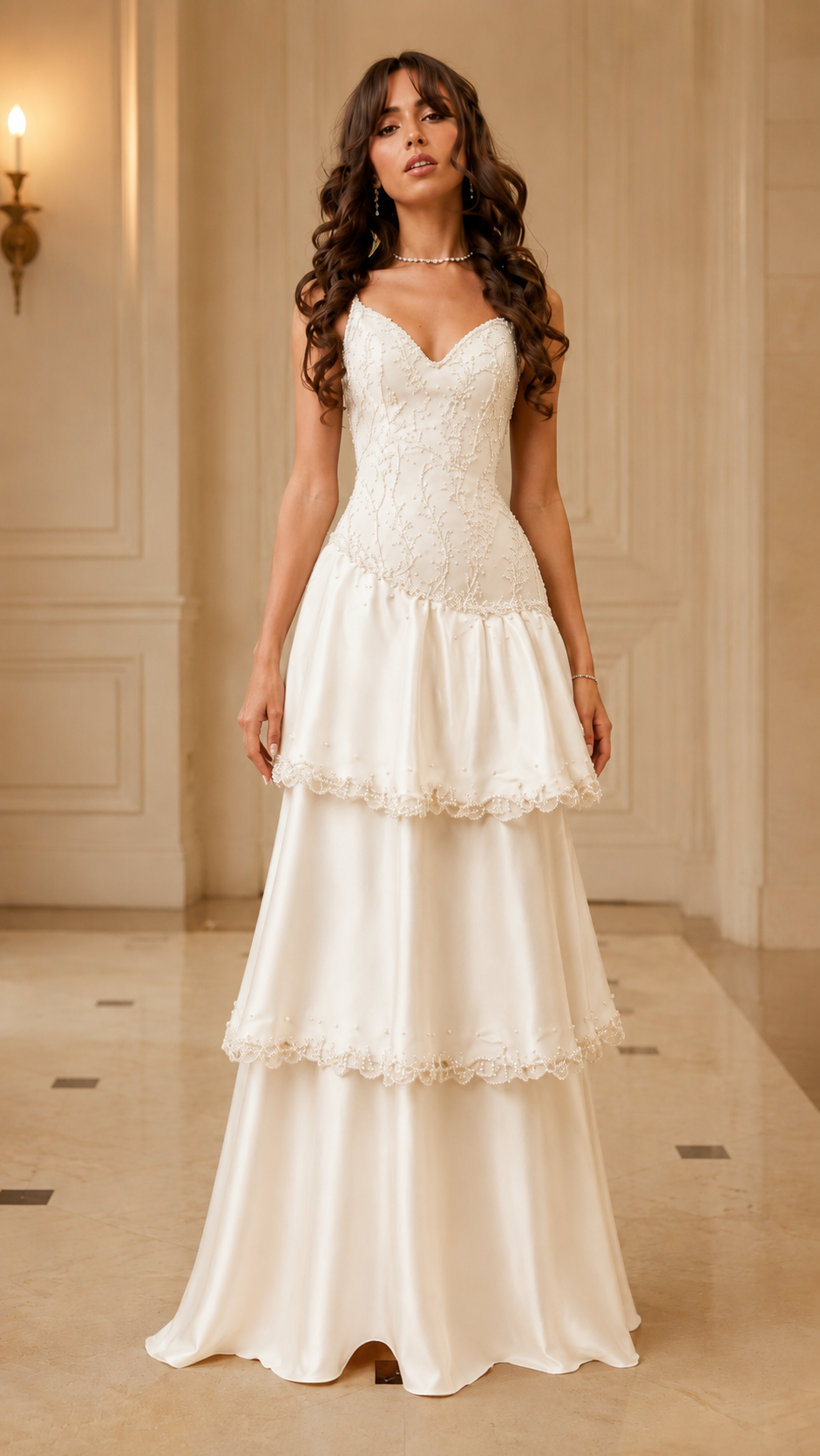 Front view of ivory tiered maxi dress with lace bodice and flowing skirt
