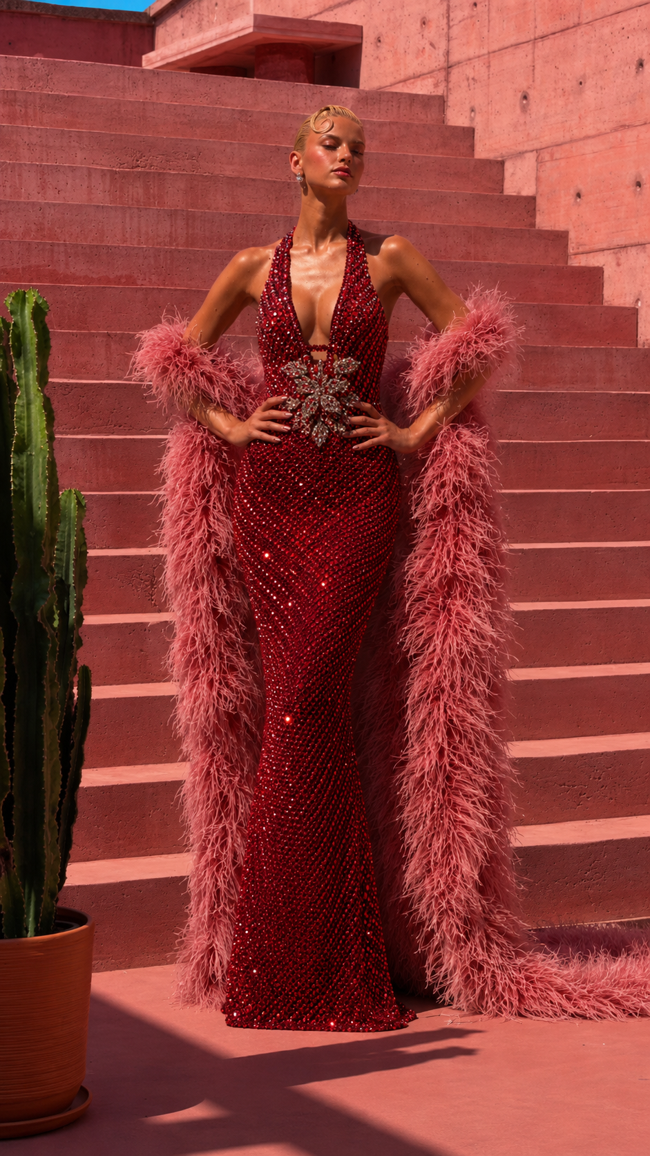 Model wearing Burgundy crystal-embellished halter dress with pink feather shawl