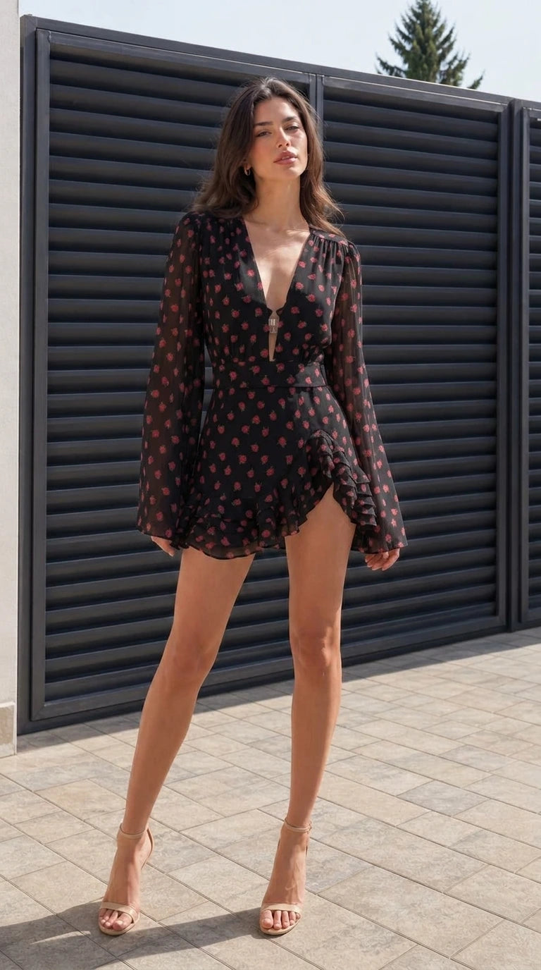 Full front view of model wearing black floral mini dress
