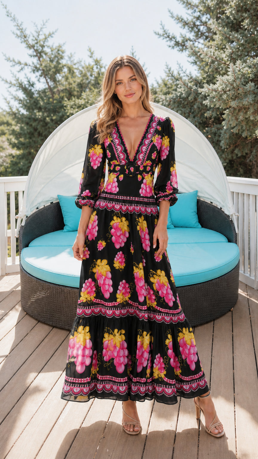 Woman wearing black floral print maxi dress