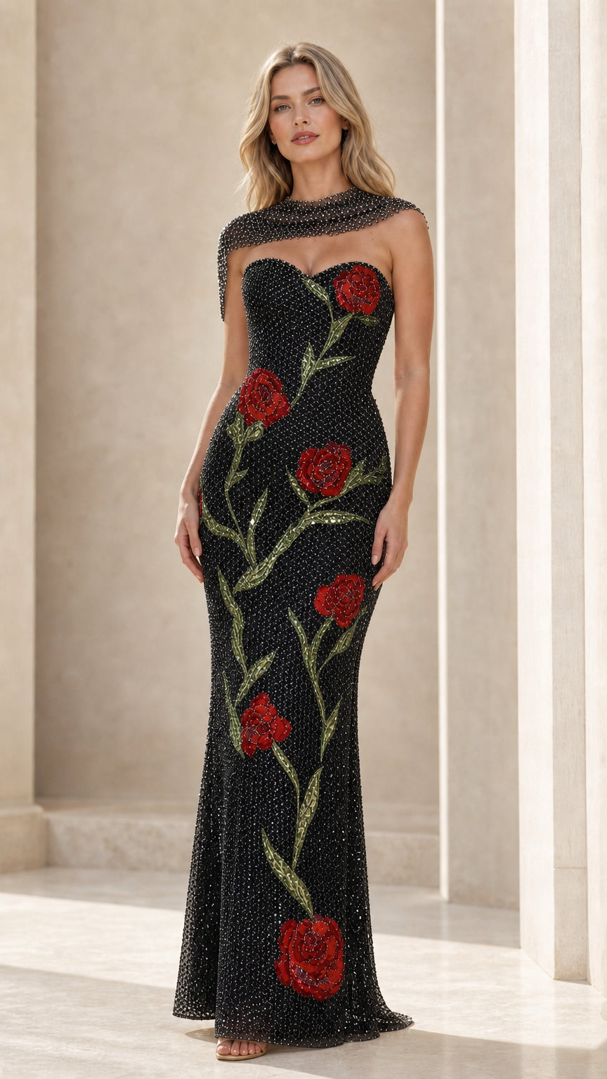 Front view of black glitter evening gown with red roses