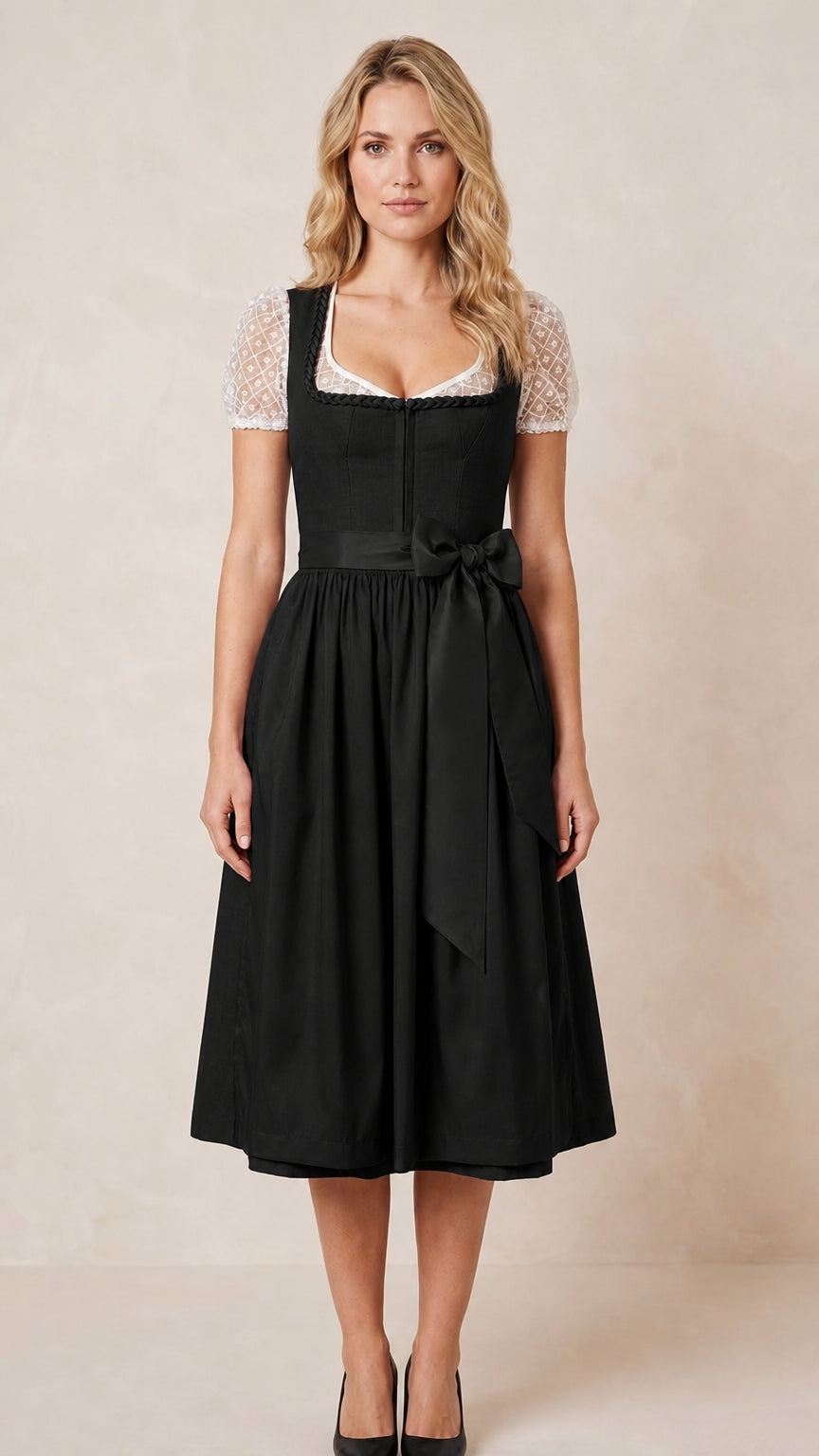 Front view of black traditional dirndl dress