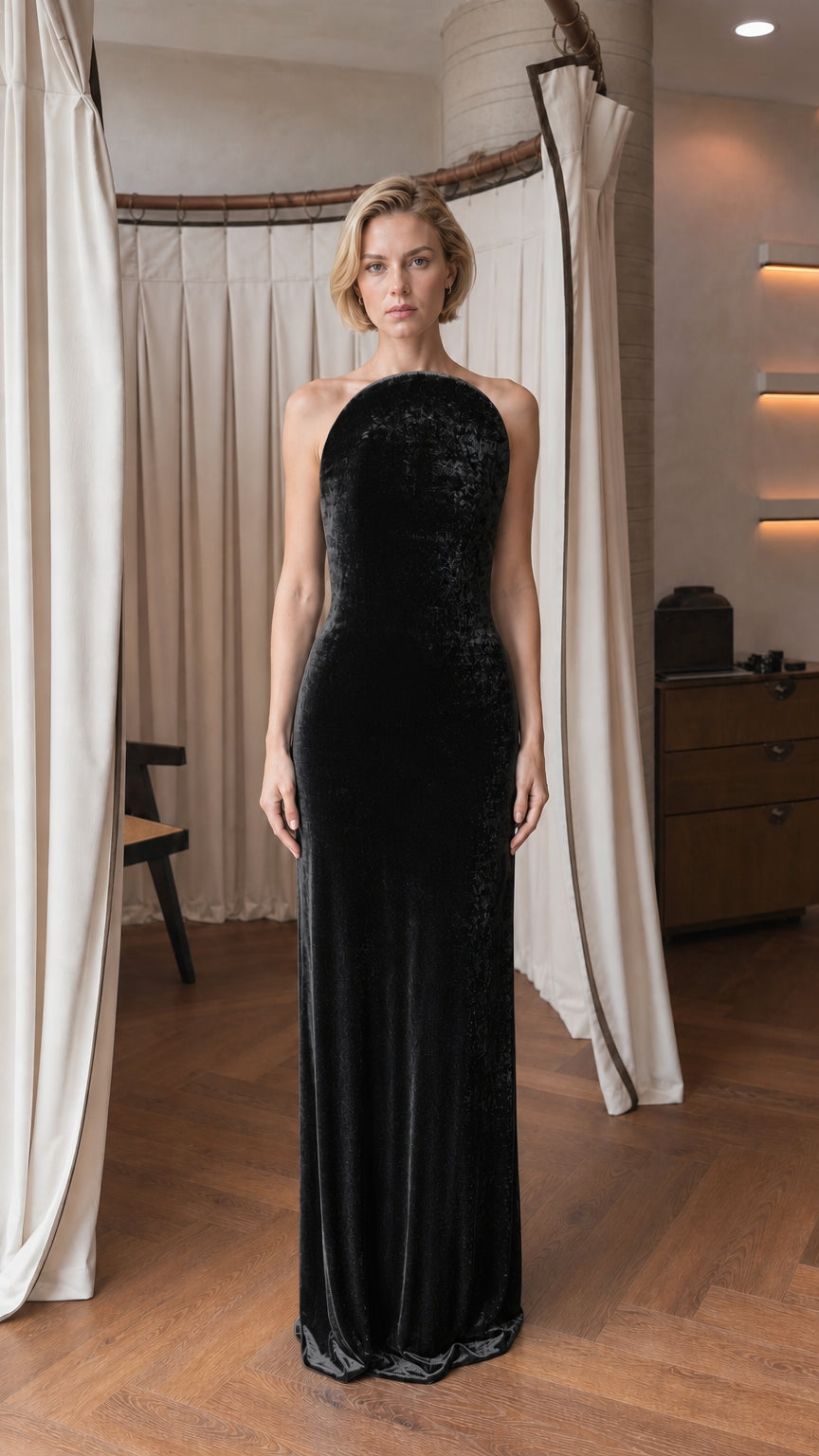 Model wearing black velvet halter evening gown