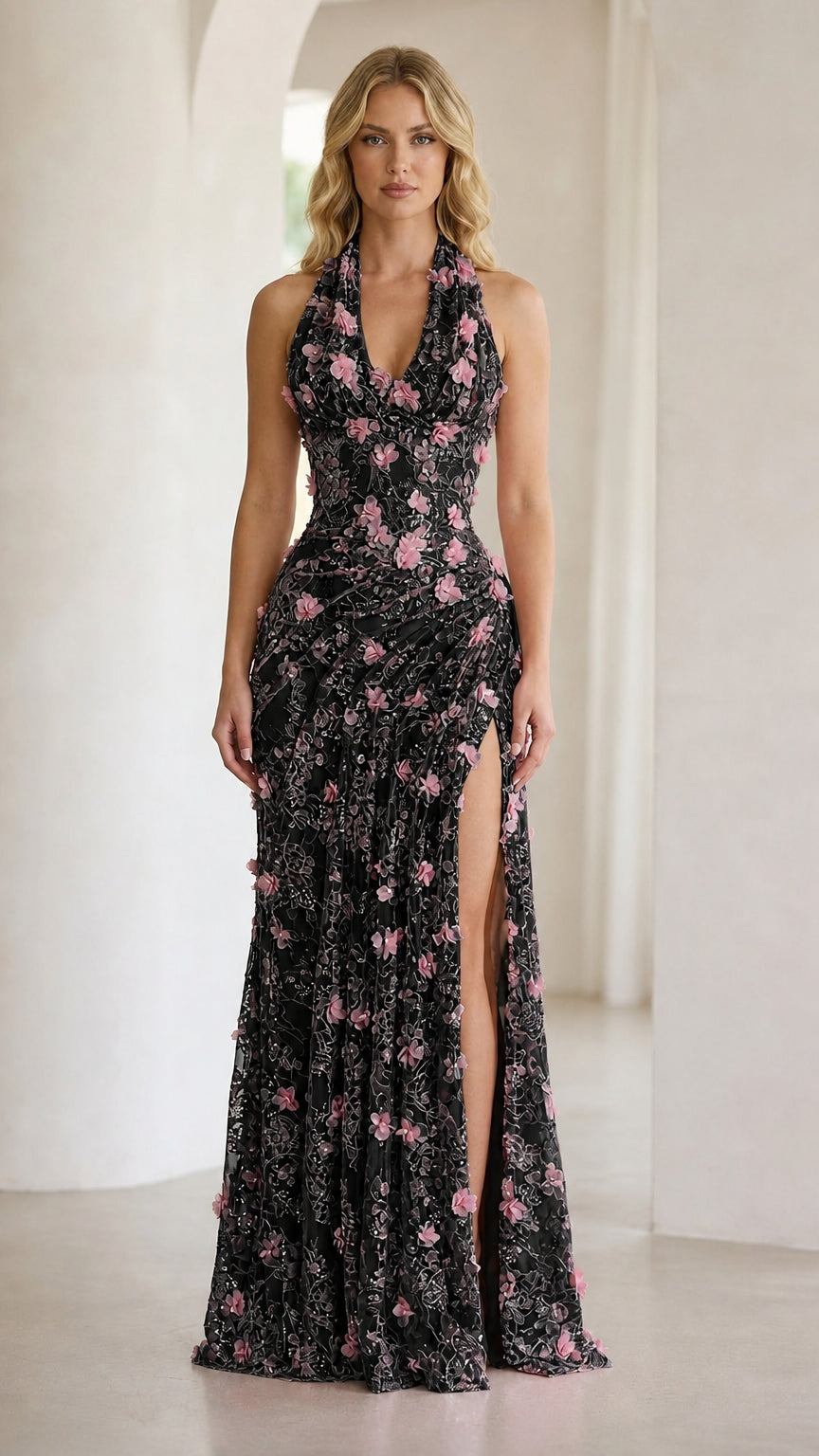 Front view of black halter floral applique evening gown