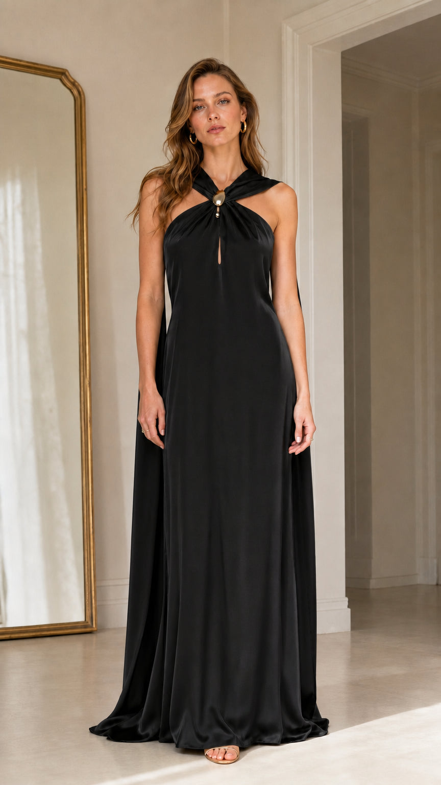 Front view of black satin halter maxi dress