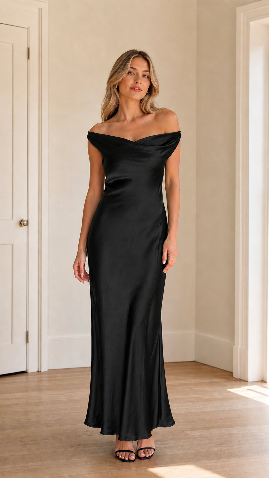 Model wearing black off-shoulder satin maxi dress