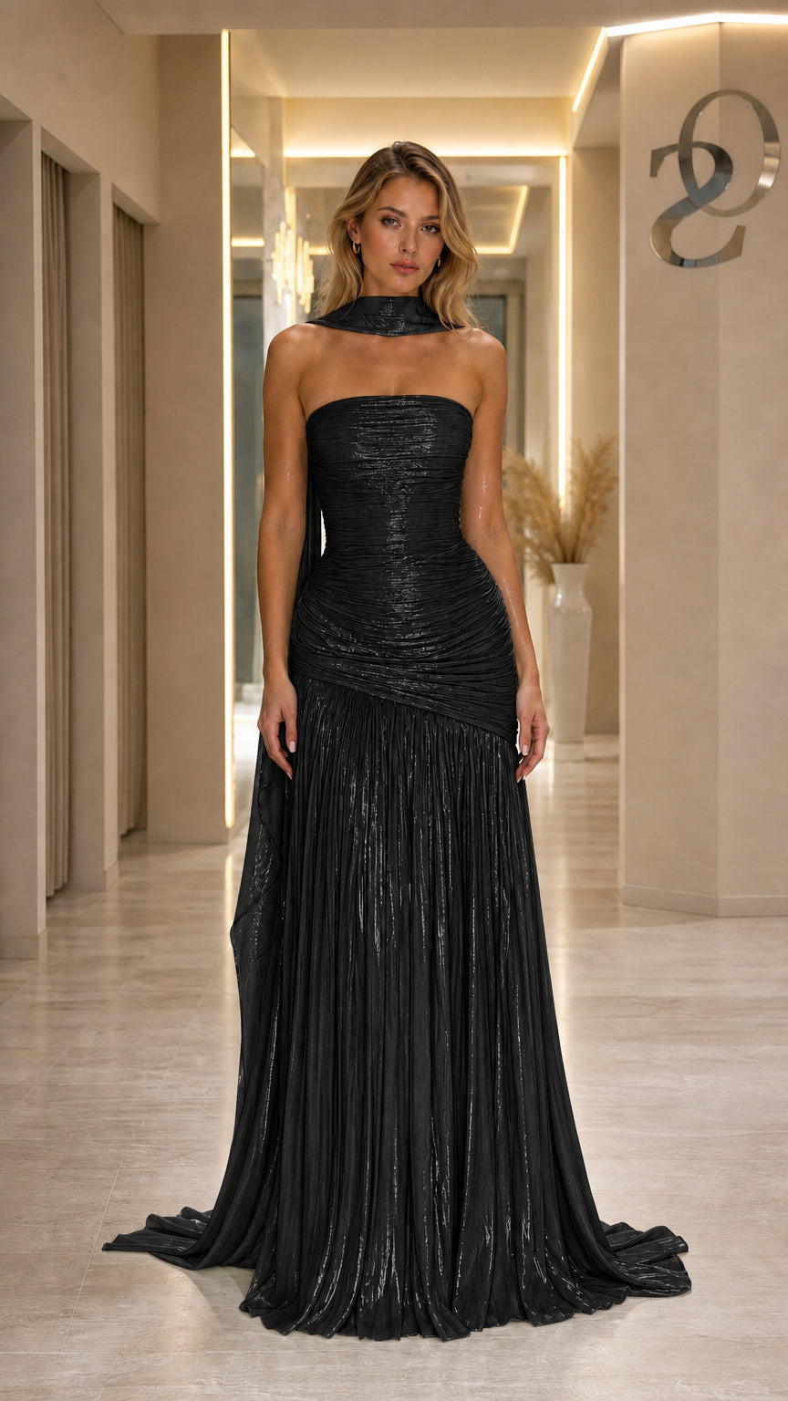 Front view of Black strapless evening gown with scarf