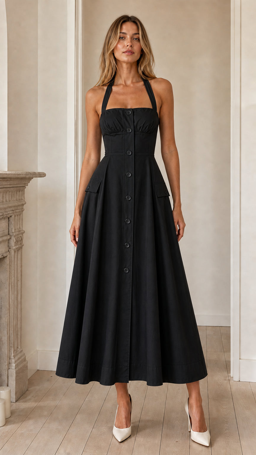Front view of black halter midi dress variant