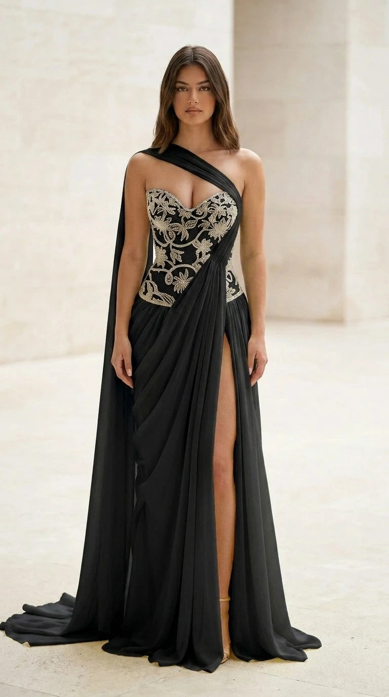 Front view of black evening gown with embroidered bodice