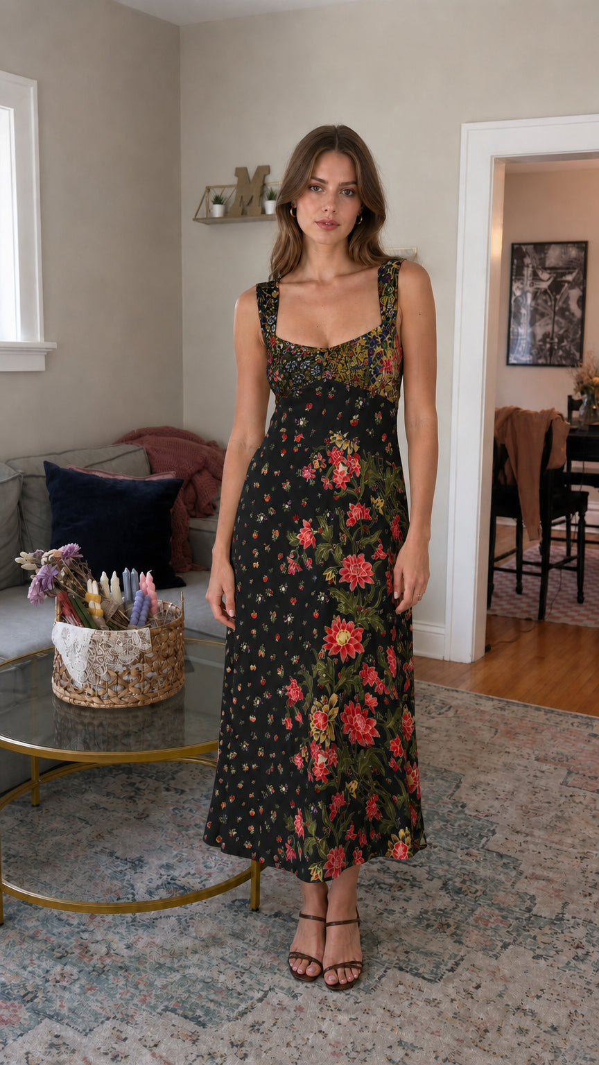 Front view of black floral patchwork midi dress on model